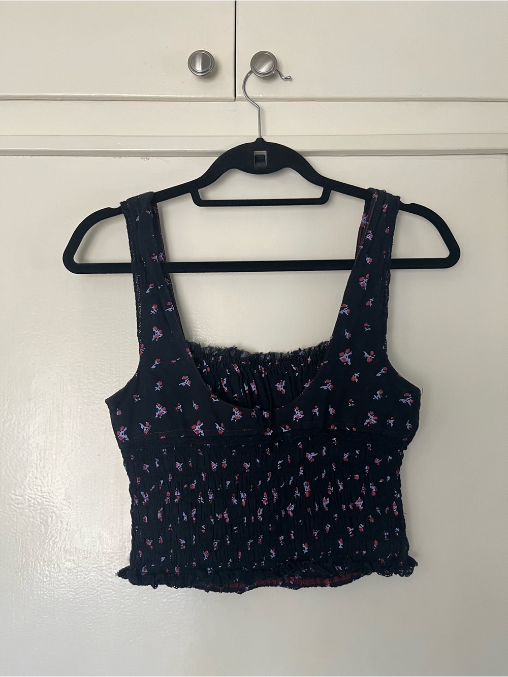 Free People Black Floral Smocked Crop Tank